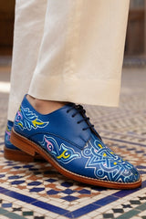 Blue leather derby shoe hand-painted
