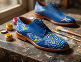 Blue leather derby shoe hand-painted