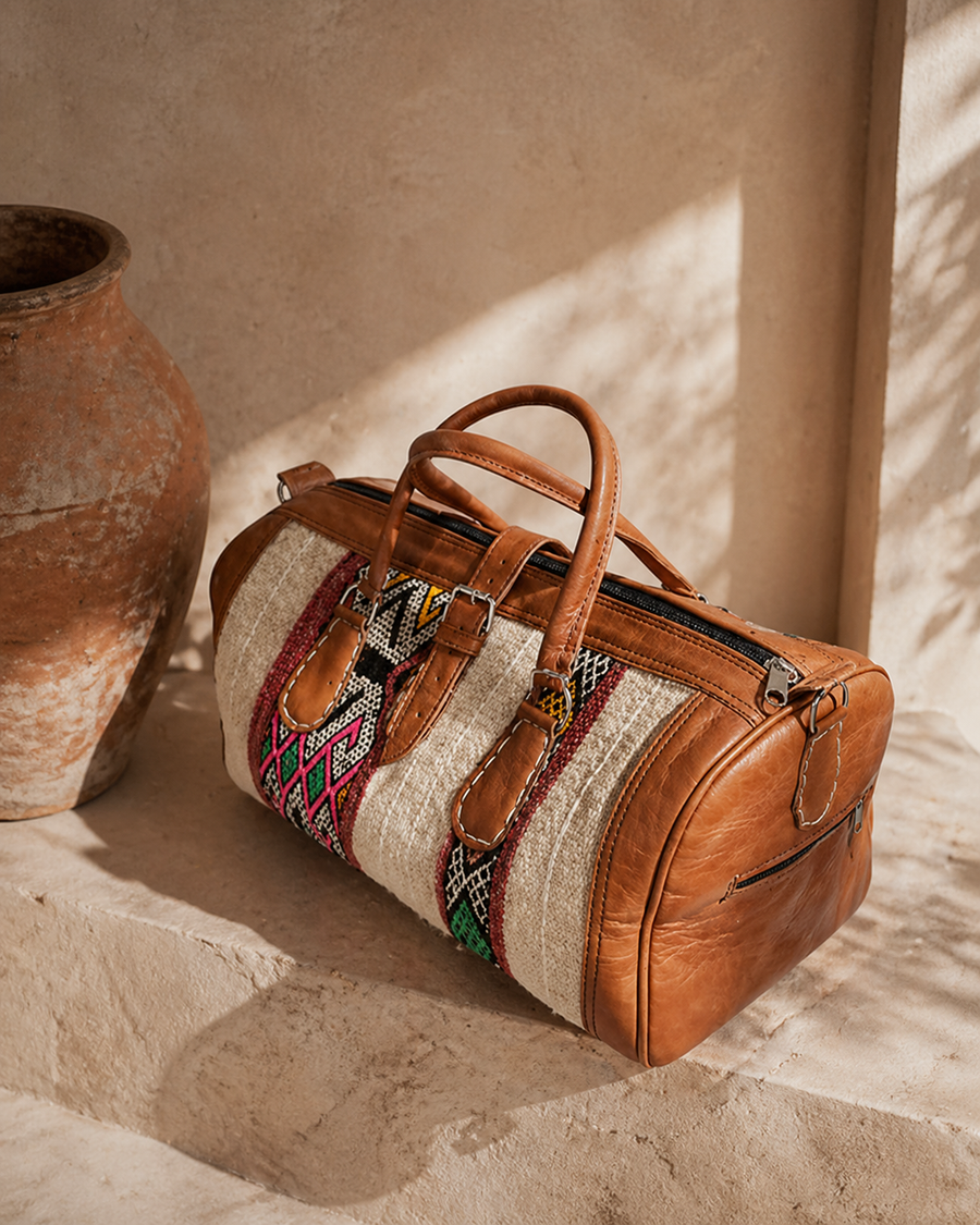 leather and vintage kilim weekender bag with kilim