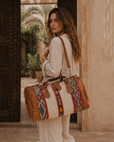 leather and vintage kilim weekender bag with kilim