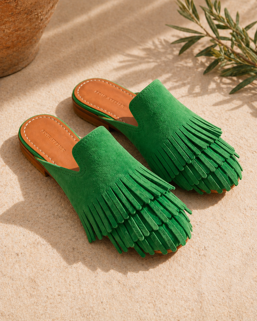 Green leather mule with fringe