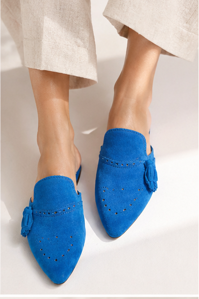 Blue leather mule with tassel