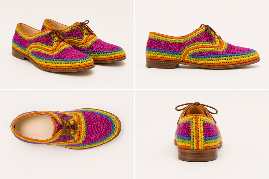 Handwoven leather and handwoven raffia derby shoe with raffia