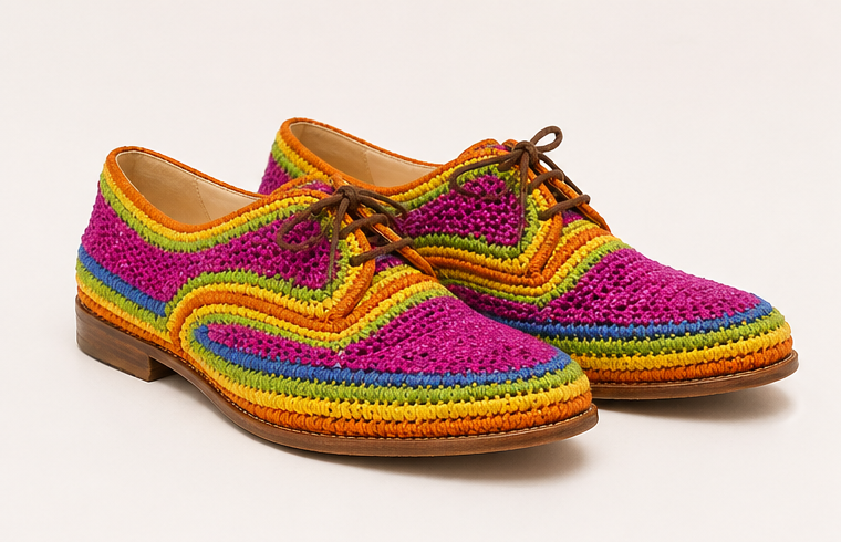 Handwoven leather and handwoven raffia derby shoe with raffia