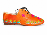 Orange and handwoven raffia derby shoe with raffia