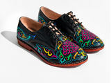 Black full-grain leather derby shoe hand-painted