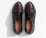 Black full-grain leather derby shoe hand-painted