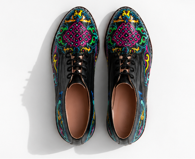 Black full-grain leather derby shoe hand-painted