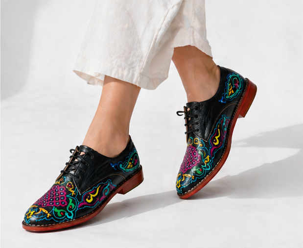 Black full-grain leather derby shoe hand-painted