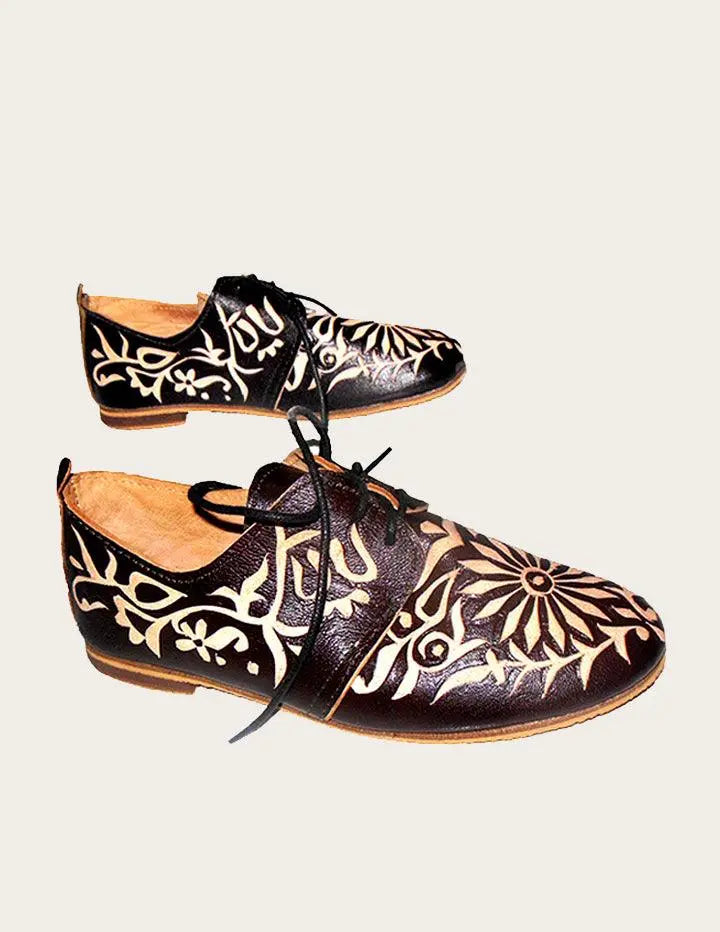 Handmade Genuine Leather Engraved Floral Oxford Slow Chic Fashion