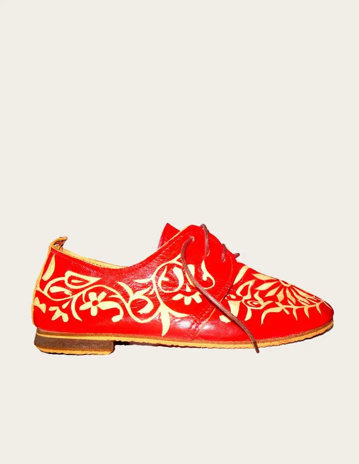 Handmade Genuine Leather Engraved Floral Oxford Slow Chic Fashion