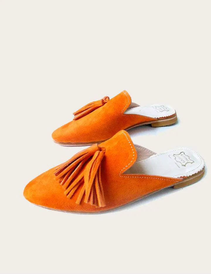 Pointed Toe Women Orange Suede Leather Mule with Tassels. Slow Chic Fashion