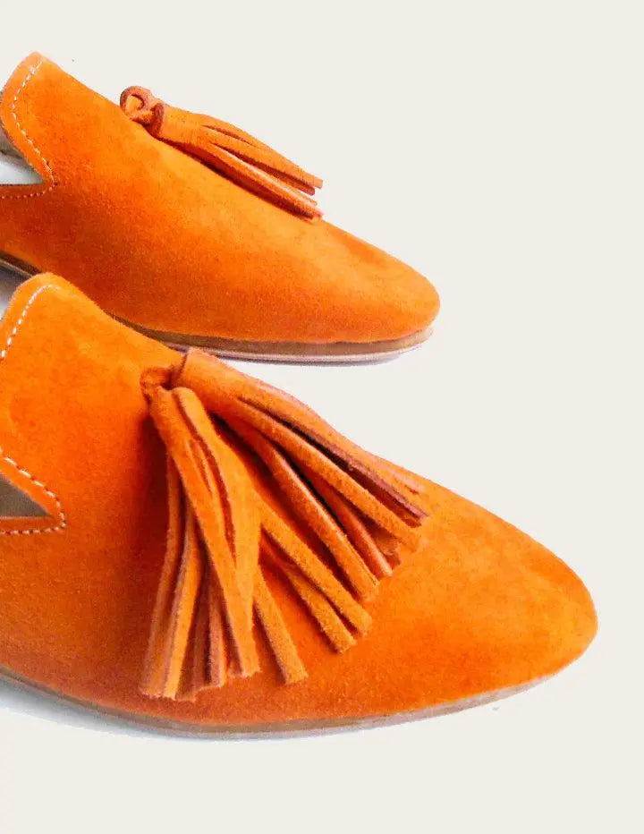 Pointed Toe Women Orange Suede Leather Mule with Tassels. Slow Chic Fashion