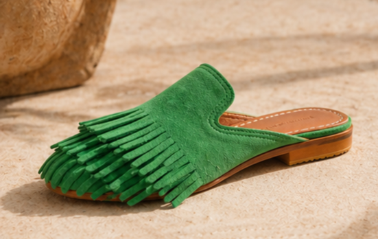 Green leather mule with fringe