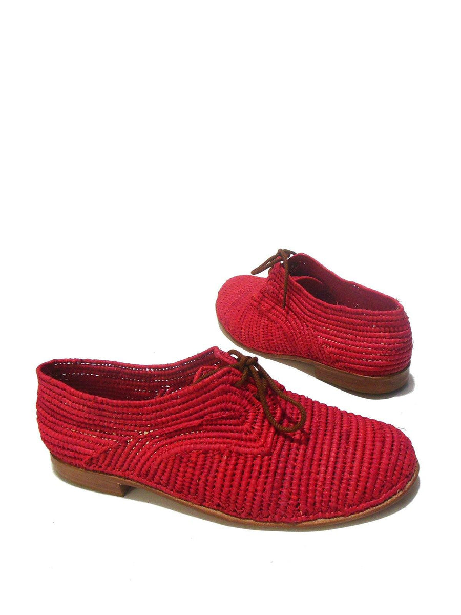 Red Handwoven Raffia Derby Shoes - Vintage Kernel