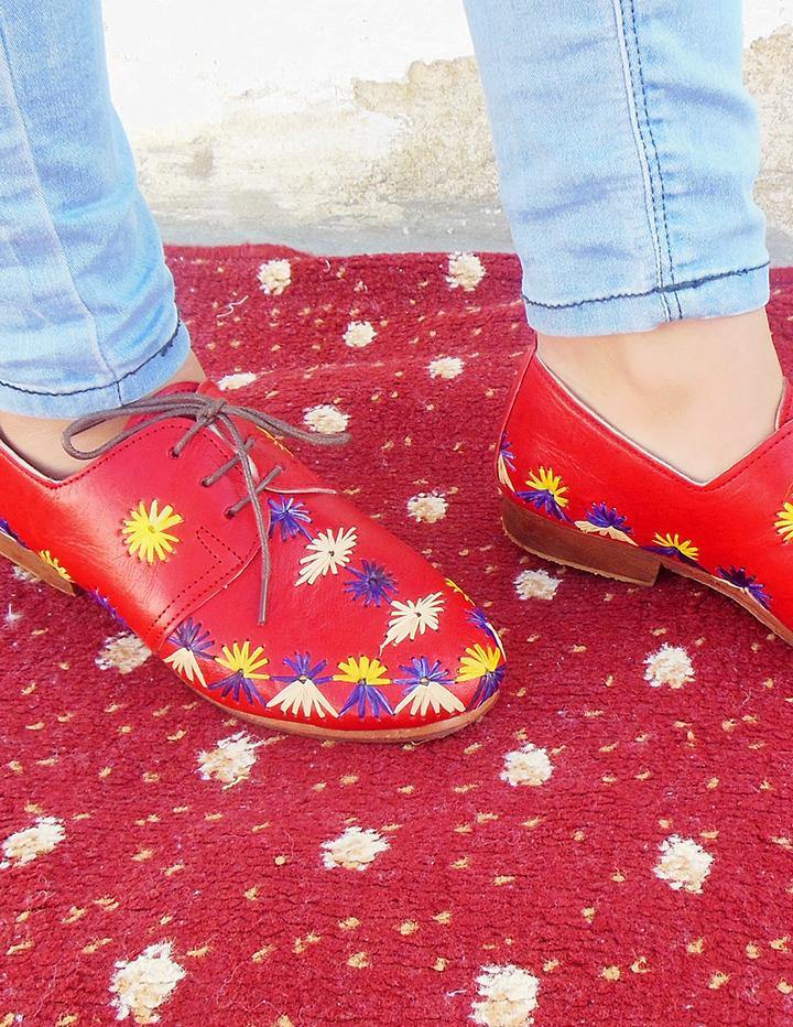 Red Handmade Flat Leather Derby Shoe, Customised. - Slow Chic Fashion