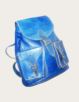Blue leather backpack with drawstring