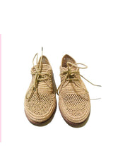 Naturalist leather and handwoven raffia derby shoe with raffia