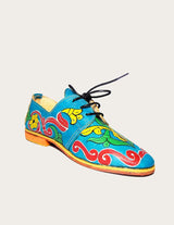 Hand-painted leather and handwoven raffia derby shoe with raffia