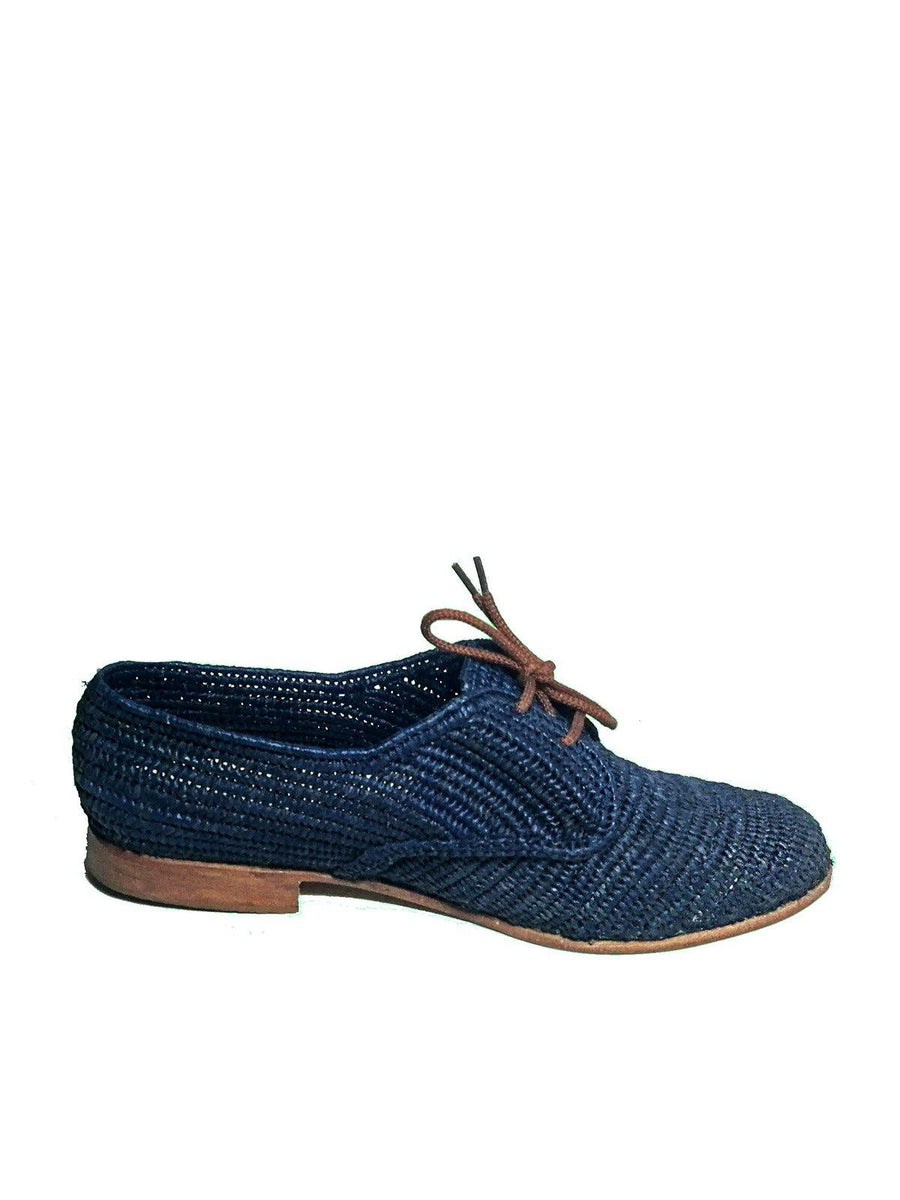 Blue Handwoven Raffia Derby Shoes, Handcrafted Raffia Oxfords. - Vintage Kernel