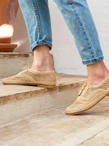Naturalist leather and handwoven raffia derby shoe with raffia