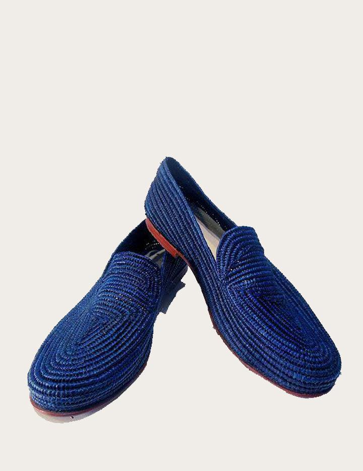 Raffia Loafer for Men, Handwoven Raffia Moccasin in Blue. - Slow Chic Fashion