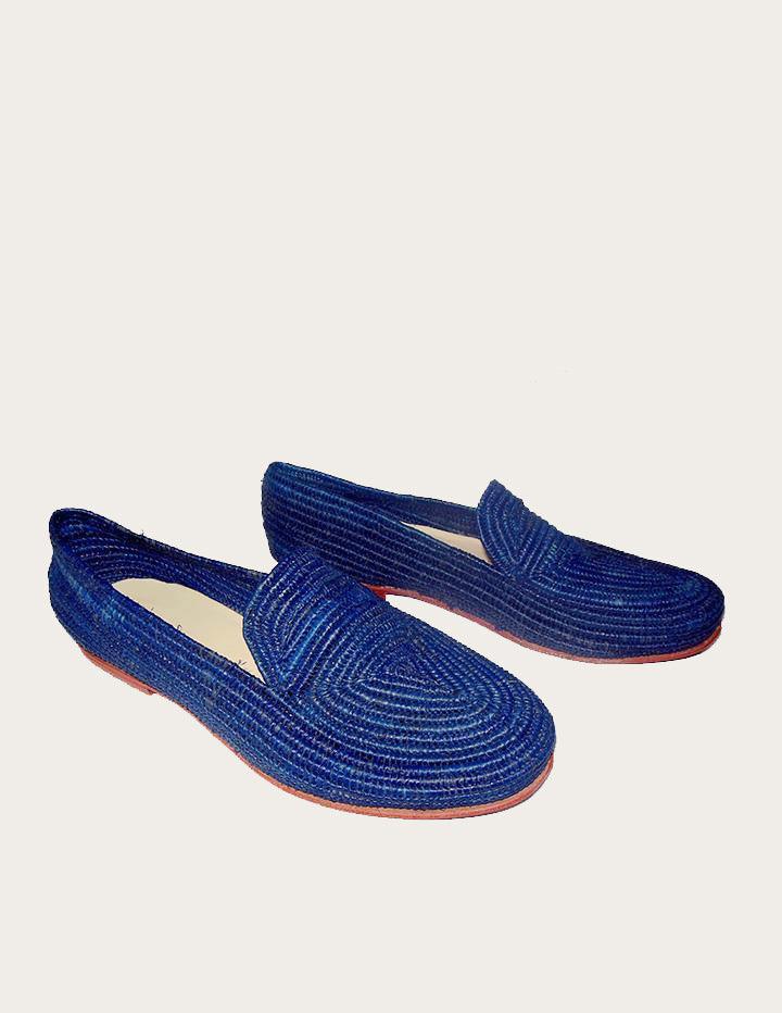 Raffia Loafer for Men, Handwoven Raffia Moccasin in Blue. - Slow Chic Fashion