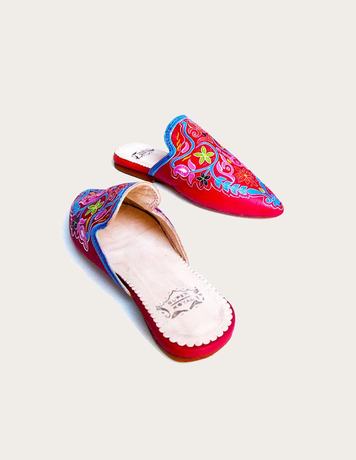 Stylish Red Pointed Leather Mules, Woman Handpainted Slides - Slow Chic Fashion