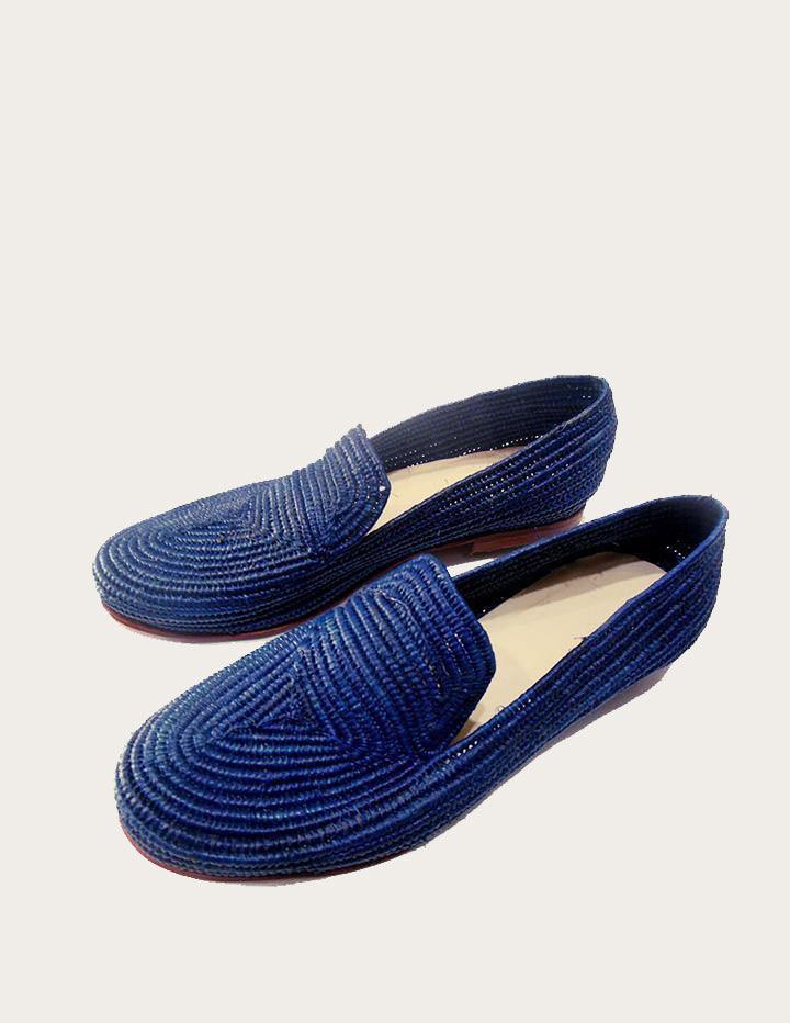 Raffia Loafer for Men, Handwoven Raffia Moccasin in Blue. - Slow Chic Fashion