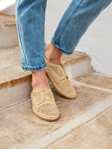 Naturalist leather and handwoven raffia derby shoe with raffia