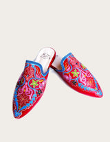 Mules Élégantes en Cuir Pointues Rouges, Claquettes Femme Peintes à la Main