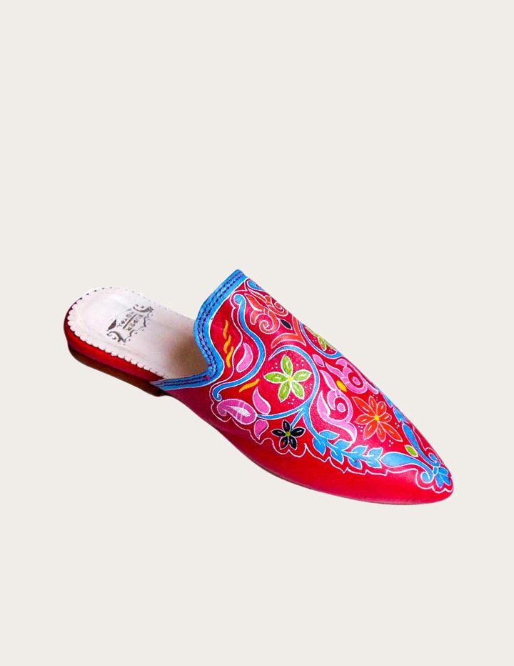 Stylish Red Pointed Leather Mules, Woman Handpainted Slides - Slow Chic Fashion