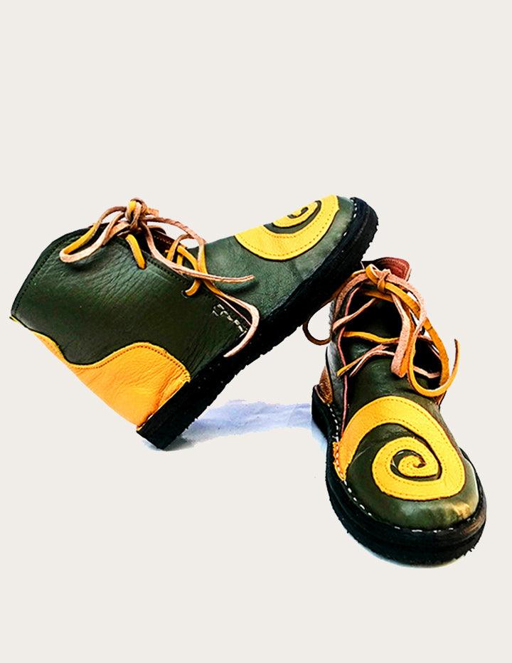 Unique Leather Lace Up Work Boot Styled with Spiral Sign. - Slow Chic Fashion