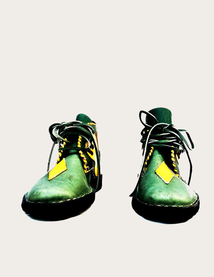 Handmade Green and Yellow Leather Ankle Combat Boot - Slow Chic Fashion