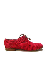 Red and handwoven raffia derby shoe with raffia