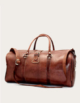 Brown full-grain leather weekender bag