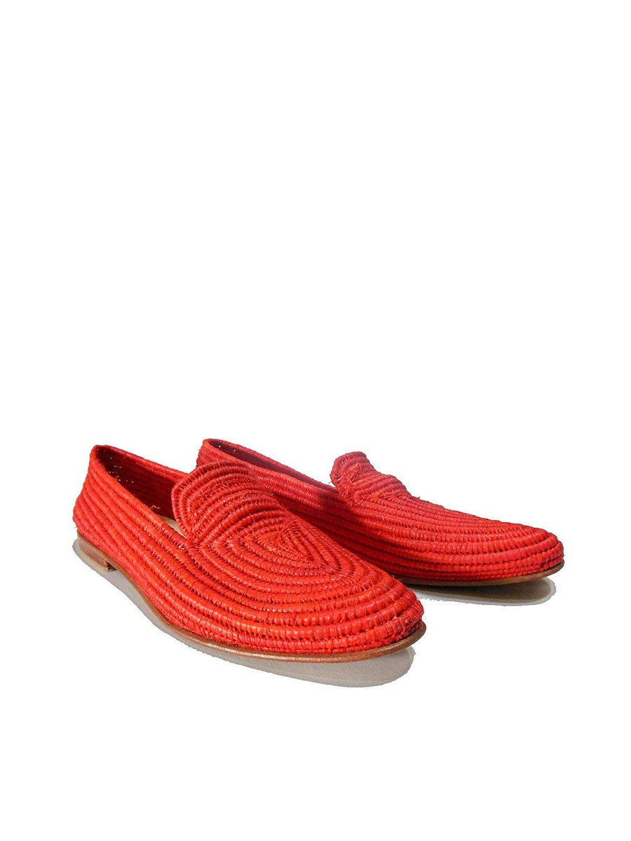 Red Handwoven Raffia Moccasin in Blue. - Vintage Kernel