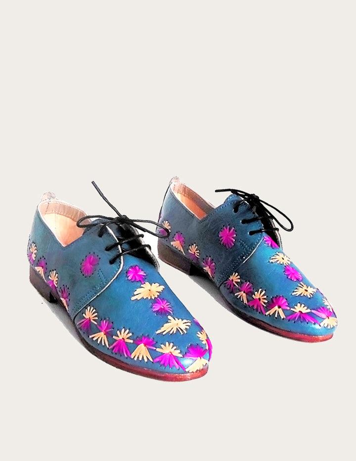 Blue Leather Derby Shoe Styled with Raffia Stars - Slow Chic Fashion