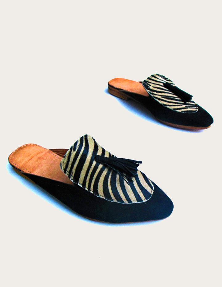 Women's Zebra Designer Slip on Mules in Black - Slow Chic Fashion