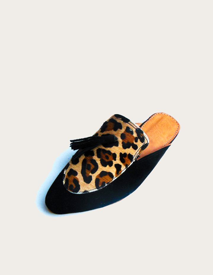 Women's Leopard Designer Slip on Mules in Black - Slow Chic Fashion
