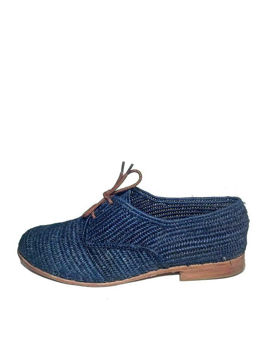 Blue Handwoven Raffia Derby Shoes, Handcrafted Raffia Oxfords. - Vintage Kernel