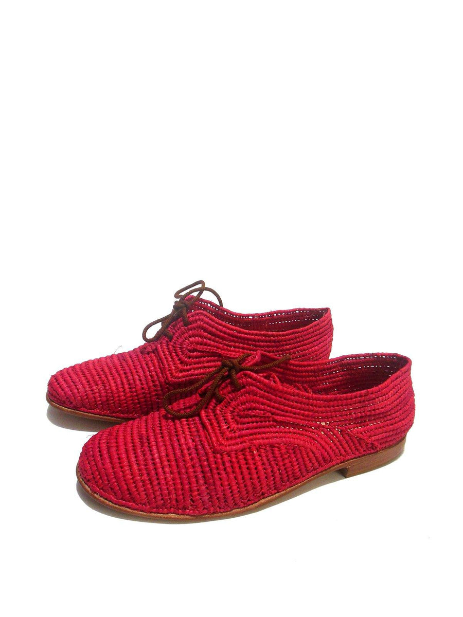 Red Handwoven Raffia Derby Shoes - Vintage Kernel