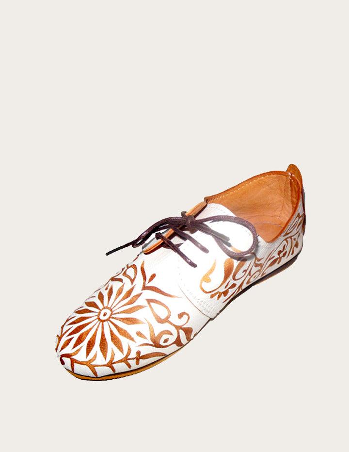 White Handmade Genuine Leather Engraved Floral Oxford - Slow Chic Fashion