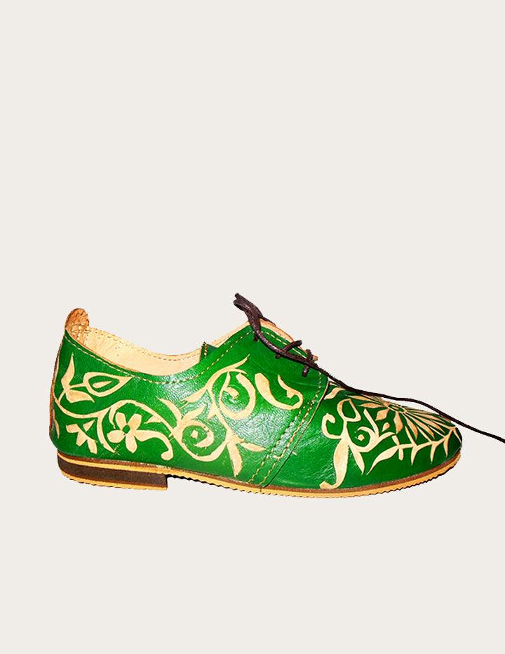 Green Handmade Genuine Leather Engraved Oxford - Slow Chic Fashion