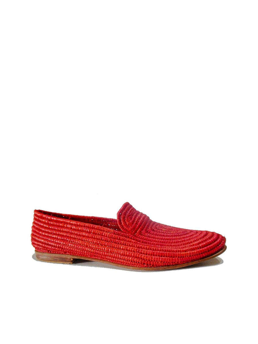 Red Handwoven Raffia Moccasin in Blue. - Vintage Kernel