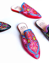 Mules Élégantes en Cuir Pointues Rouges, Claquettes Femme Peintes à la Main