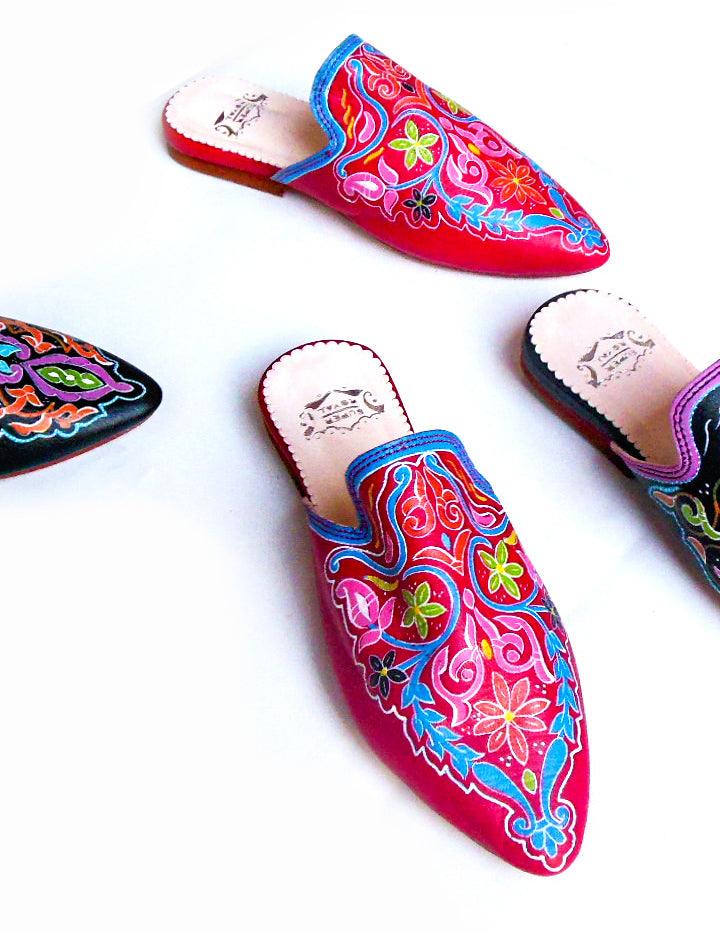 Stylish Red Pointed Leather Mules, Woman Handpainted Slides - Slow Chic Fashion
