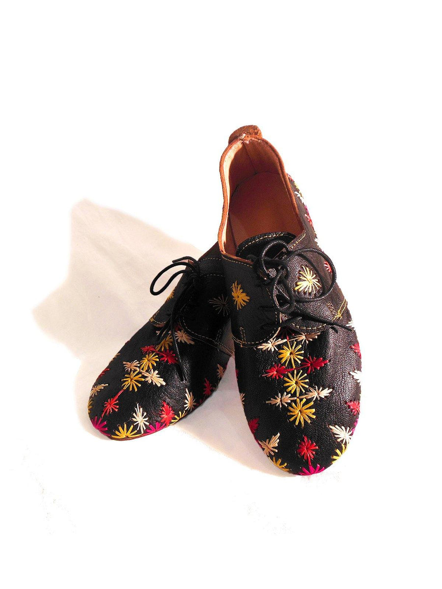 Custom Black Leather Derby Shoe Styled with Raffia Stars - Vintage Kernel