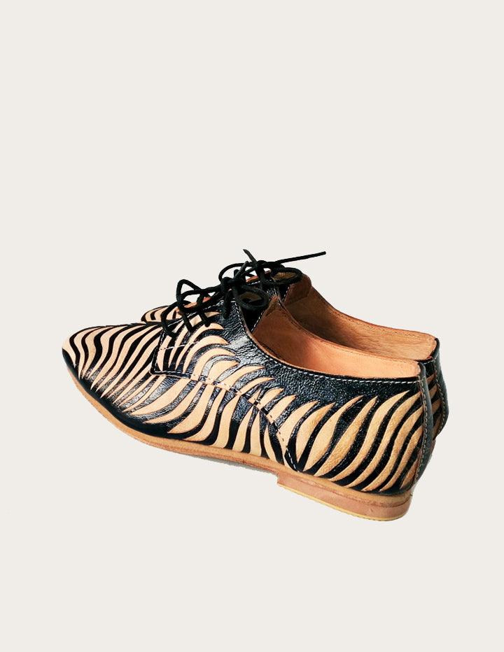 Genuine Leather Black and White Stripped Oxford Flat Shoe - Slow Chic Fashion