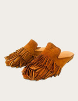 Brown leather mule with fringe